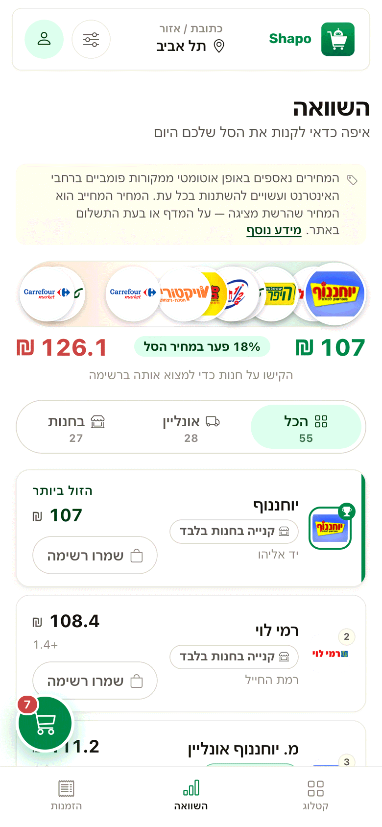 משווים מחירים חיים בין כל הרשתות.